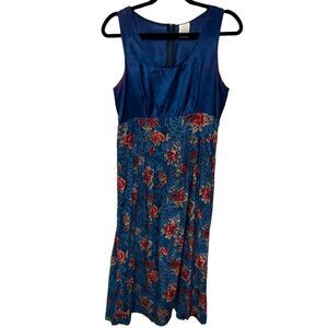 Vintage Dark Blue Pink Flowers Floral Sleeveless Pleated Midi Dress Scoop Neck